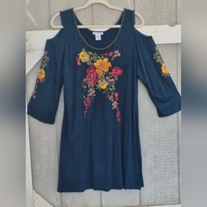 KRISTA LEE Off Shoulder Teal Blue Dress Floral Embroidered Boho Rayon Midi Sz L